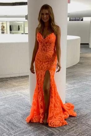 Elegant Orange Mermaid V Neck Lace Prom Dresses Long Spaghetti Straps Formal Gown OM0116