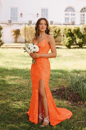 Sparkly Mermaid Spaghetti Straps Orange Prom Dresses With Slit, Sequins V Neck Party Dress OM0343