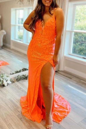 Orange Sequins Mermaid Spaghetti Straps Formal Dress with Slit, Long Prom Dress OM0084