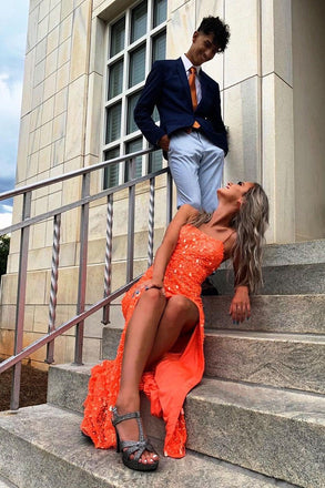 Shiny Mermaid Orange Sequined Spaghetti Straps Sheath Prom Dresses with High Slit OM0115