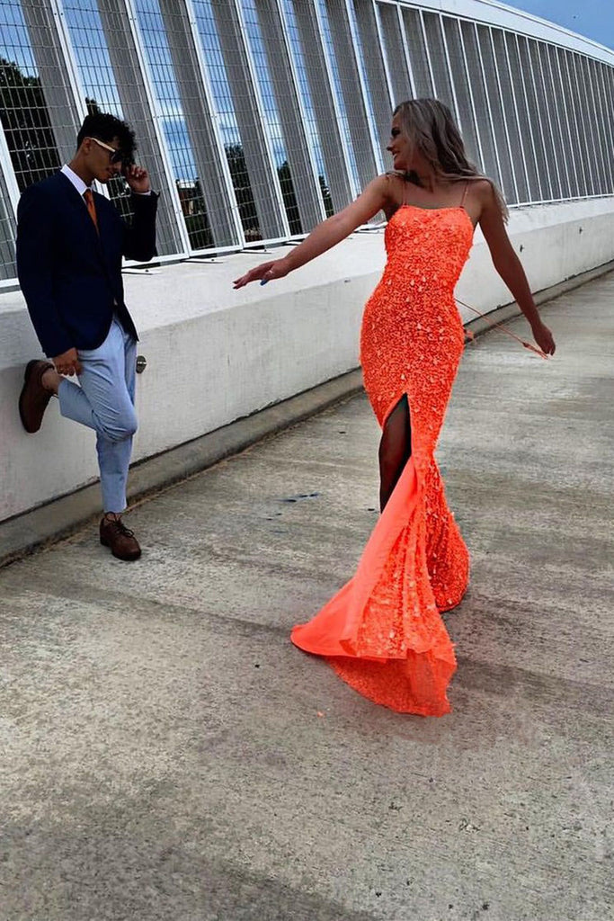 Shiny Mermaid Orange Sequined Spaghetti Straps Sheath Prom Dresses with High Slit OM0115