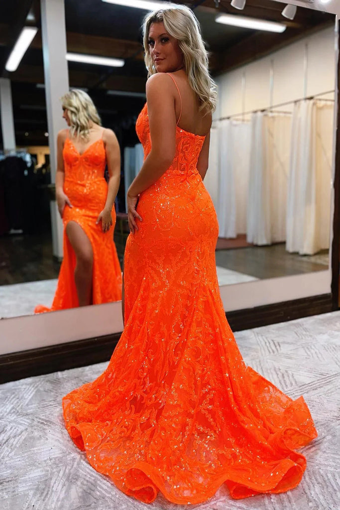 Unique Sequins Orange Spaghetti Straps Mermaid V Neck Prom Dresses With Slit OM0374