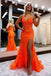 Unique Sequins Orange Spaghetti Straps Mermaid V Neck Prom Dresses With Slit OM0374