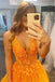 Elegant A line Tulle Orange V Neck Appliques Prom Dresses With Beading, Dance Dress OM0354