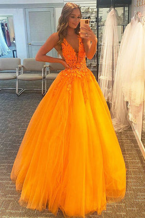 Elegant A line Tulle Orange V Neck Appliques Prom Dresses With Beading, Dance Dress OM0354