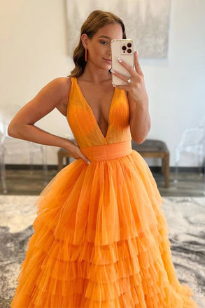 A Line V Neck Orange Tiered Backless Tulle Long Prom Dress, Evening Dresses OM0324
