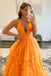 A Line V Neck Orange Tiered Backless Tulle Long Prom Dress, Evening Dresses OM0324