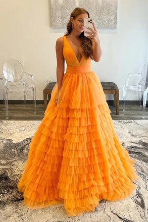 A Line V Neck Orange Tiered Backless Tulle Long Prom Dress, Evening Dresses OM0324