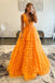 A Line V Neck Orange Tiered Backless Tulle Long Prom Dress, Evening Dresses OM0324