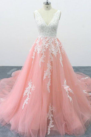 A-line V Neck Pink Tulle Lace Appliques Cathedral Train Formal Prom Dress PDS2
