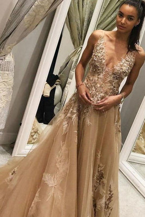 A Line Tulle Long Appliques Deep V Neck Prom Dress With Beading PDF66