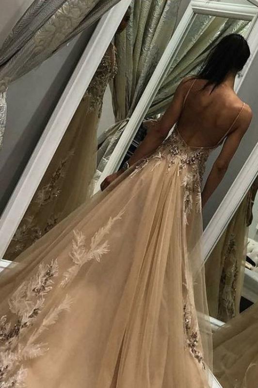 A Line Tulle Long Appliques Deep V Neck Prom Dress With Beading PDF66