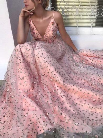 Pink Floral A Line Lace Long V Neck Spaghetti Strap V Neck Formal Prom Dress PDH68