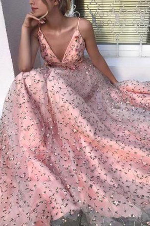 Pink Floral A Line Lace Long V Neck Spaghetti Strap V Neck Formal Prom Dress PDH68