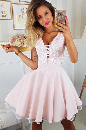 Pink Appliqued A Line Homecoming Dresses V Neck Short Hoco Dress PDO9