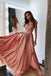 Pink V Neck Long Prom Dresses Lace Spaghetti Straps Prom Dress with Slit PDI1