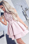 Pretty Bateau Short Pink Satin Homecoming Party Dresses with Appliques PDO51