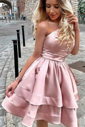Princess A Line One Shoulder Pink Short Homecoming Dresses PDO47