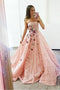 Strapless Pink Lace Long Ball Gown with Floral Embroidery Cheap Prom Dresses PDJ33