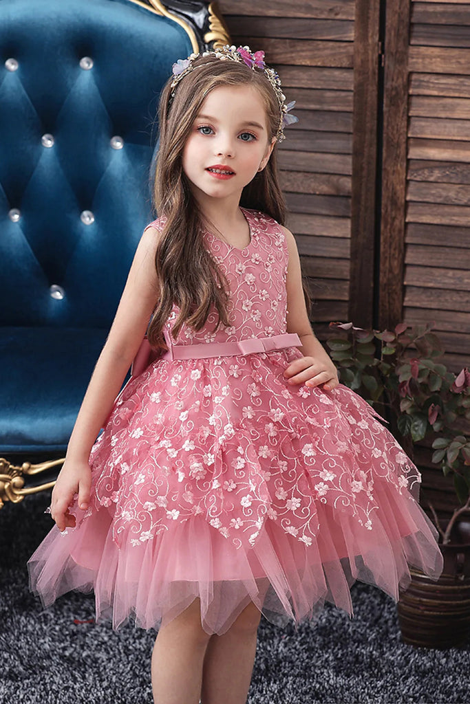 Cute A line Pink Tulle Appliques Little Girls' Dresses, Short Straps Flower Girl Dresses OMF0002