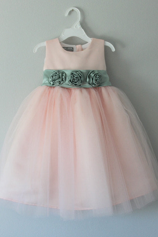Princess Blush Pink Tulle Round Neck Flower Girl Dresses with Appliques, Cute Girl Dress OMF0003