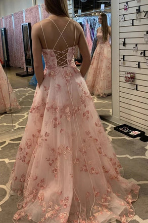 A Line Pink Spaghetti Straps Lace Appliques Long Prom Dresses, Tulle Evening Dress OM0313