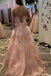 A Line Pink Spaghetti Straps Lace Appliques Long Prom Dresses, Tulle Evening Dress OM0313