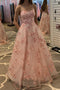 A Line Pink Spaghetti Straps Lace Appliques Long Prom Dresses, Tulle Evening Dress OM0313