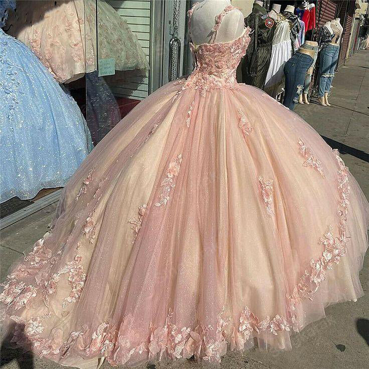 Ball Gown Tulle Hand Made Flowers Sweet 16 Dresses, Long Quinceanera Dresses OM0295