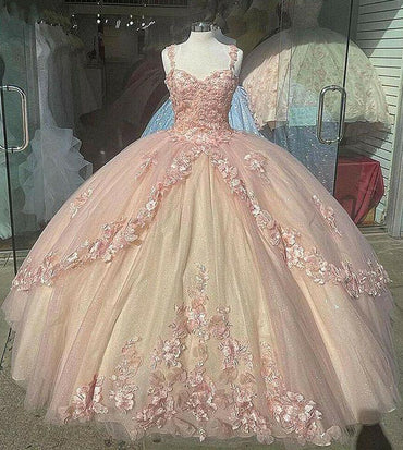 Ball Gown Tulle Hand Made Flowers Sweet 16 Dresses, Long Quinceanera Dresses OM0295
