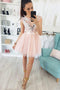 A Line Tulle Cap Sleeves Round Neck Above Knee Homecoming Dresses with Lace OMH0093