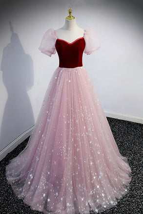 A line Half Sleeves Pink V Neck Prom Dresses with Lace up, Formal Evening Dresses OM0187