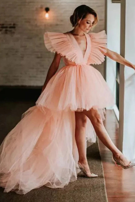 Pretty Tulle V-Neck Ruffles Pink Long Prom Dresses High Low Homecoming Dress trendtydresses Pretty Tulle V-Neck Ruffles Pink Long Prom Dresses High Low Homecoming Dress trendtydresses