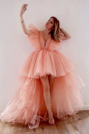 Pretty Tulle V-Neck Ruffles Pink Long Prom Dresses High Low Party Homecoming Dress OMH0153