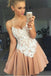 A line Pink Satin Spaghetti Straps Homecoming Dress with Lace Appliques, Sweet 16 Dress OMH0214