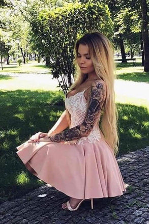 A line Pink Satin Spaghetti Straps Homecoming Dress with Lace Appliques, Sweet 16 Dress OMH0214