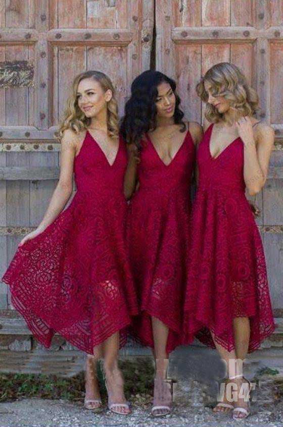 A line Deep V Neck Lace Spaghetti Straps Asymmetrical Bridesmaid Dresses –  trendtydresses