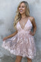 Pink Spaghetti Straps Lace V Neck Short Homecoming Dresses, Graduation Dress OMH0200