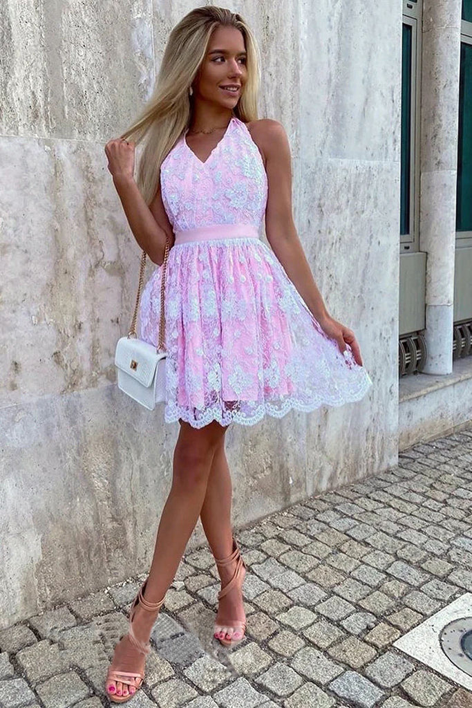 Unique A Line Pink Lace Halter Backless Short Prom Dresses, Homecoming Dresses OMH0248