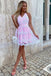 Unique A Line Pink Lace Halter Backless Short Prom Dresses, Homecoming Dresses OMH0248