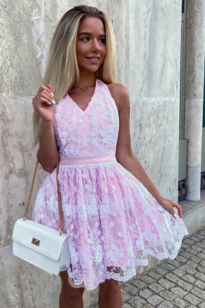 Unique A Line Pink Lace Halter Backless Short Prom Dresses, Homecoming Dresses OMH0248