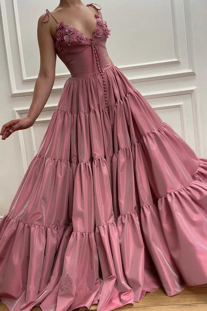 A line Satin V neck Pink Spaghetti Straps 3D Appliques Long Prom Dresses OM0075