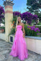 Simple A Line Strapless Hot Pink Tulle Prom Dress Long Formal Evening Gown OM0335