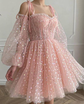 A Line Sweetheart Long Sleeves Pink Short Homecoming Dresses, Sweet 16 Dresses OMH0107