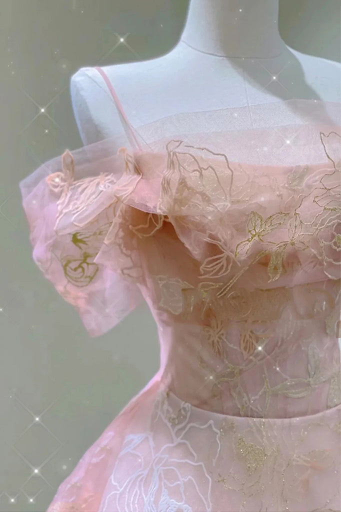 A line Pink Tulle Lace Off The Shoulder Prom Dresses, Formal Evening Dress OM0308