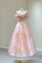 A line Pink Tulle Lace Off The Shoulder Prom Dresses, Formal Evening Dress OM0308