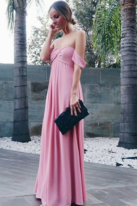 Simple A line Off the Shoulder Chiffon Pink Prom Dress with Ruffles Bridesmaid Dress OM0158