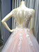 Pink Tulle V Neck Long Senior Prom Dress, Formal Dress With Applique PDQ84