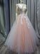 Pink Tulle V Neck Long Senior Prom Dress, Formal Dress With Applique PDQ84