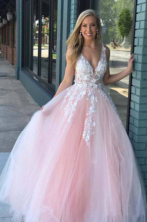 Pink Tulle V Neck Long Senior Prom Dress, Formal Dress With Applique PDQ84